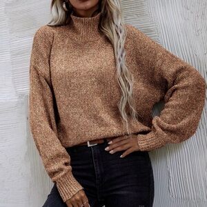 SHEIN Camel High Neck Drop Shoulder Casual Sweater Size Large